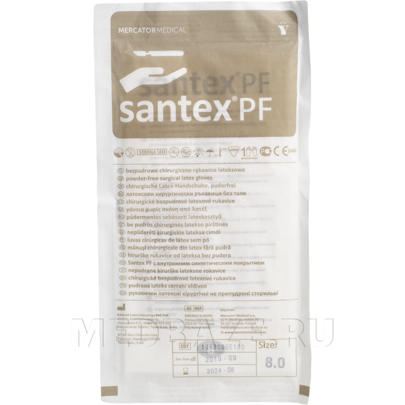 Перчатки хирургические латексные Santex PF, размер 8.0, текстурированные