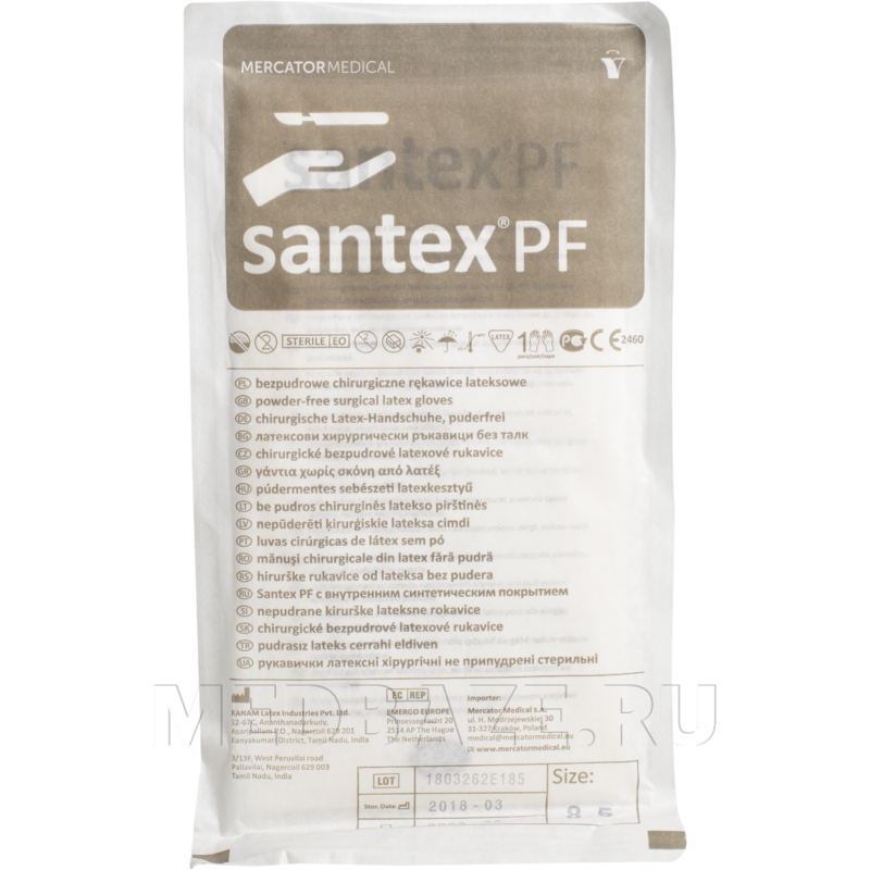 Перчатки хирургические латексные Santex PF, размер 8.5, стерильные неопудренные текстурированные