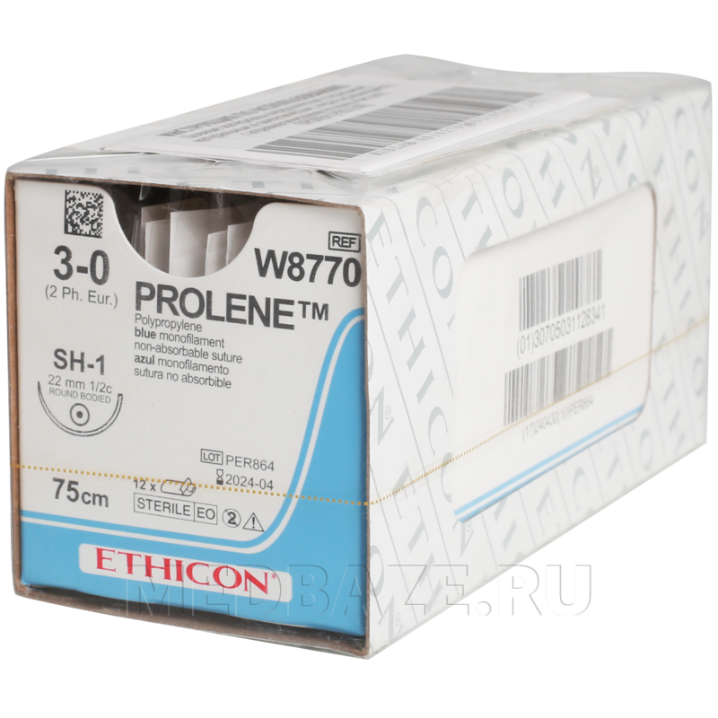 Пролен L75 см, 3/0 М2, игла колющая SH-1, 22 мм 1/2 окружности, синий (W8770), Johnson & Johnson, 12 шт/уп