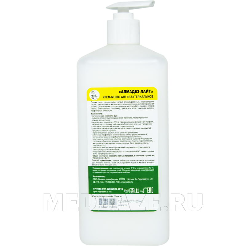 Алмадез Лайт 1 л, антибактериальное крем-мыло, дозатор-насос, Базовая дезинфекция