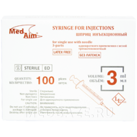 Шприц инъекционный, 3-х комп., одноразовый, 3 мл, 0.63*32 мм, MedAim, 100 шт/уп