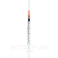 Шприц инъекционный инсулиновый, 3-х комп. одноразовый 1 мл 29G 0.33*12.7 мм U100 (870532), KD-Ject, 100 шт/уп