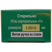 Игла акупунктурная без направителя одноразовая 0.25*13 мм, с ручкой из стали, Субал, 100 шт/уп