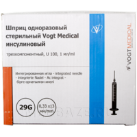 Шприц инъекционный инсулиновый 3-х комп. одноразовый 1 мл 29G 0.33*13 мм U100, с интегрированной иглой, (1310303), Vogt Medical, 100 шт/уп