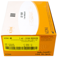 Шприц инъекционный инсулиновый, 3-х комп. одноразовый 1 мл 29G 0.33*12.7 мм U100 (870532), KD-Ject, 100 шт/уп