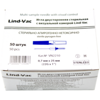 Игла двусторонняя с прозрачной камерой 22G 0.7*25 мм, (VN2210), Lind-Vac, 50 шт/уп