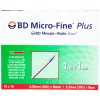 Шприц инъекционный инсулиновый 3-х комп. одноразовый 1 мл 30G 0.30*8 мм U40, BD Micro Fine Plus, 100 шт/уп
